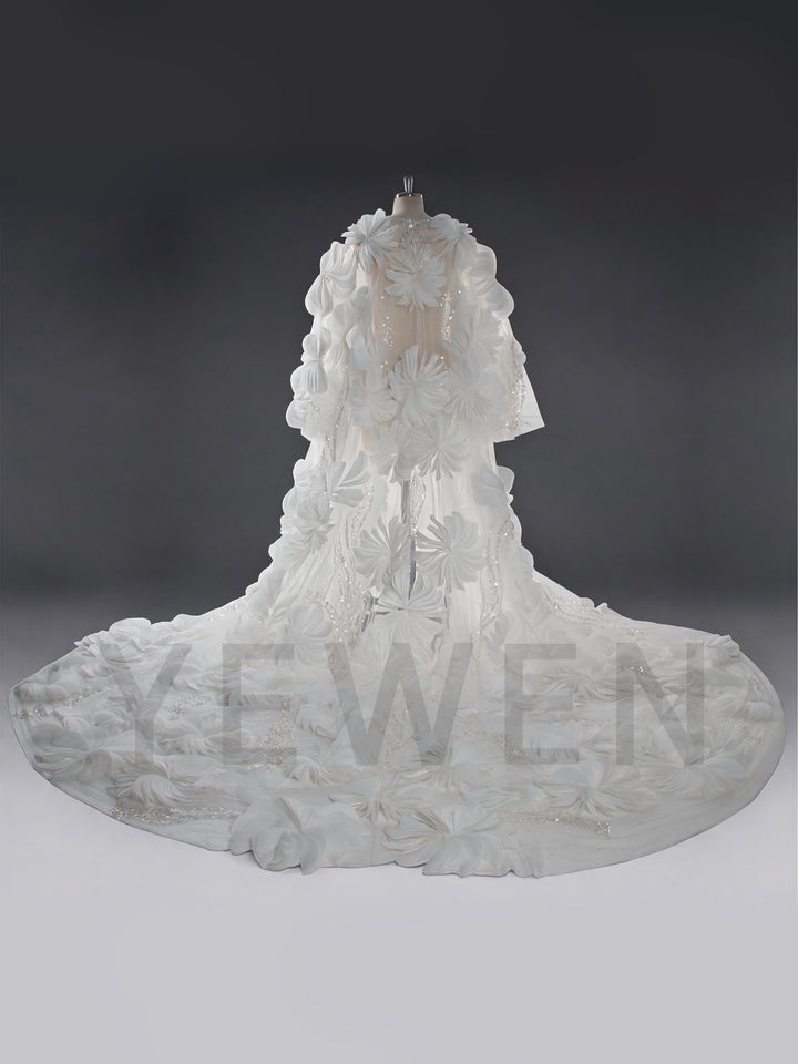 Luxury Ivory 3D Floral Bridal Cape with Royal Cathedral Train YW260331