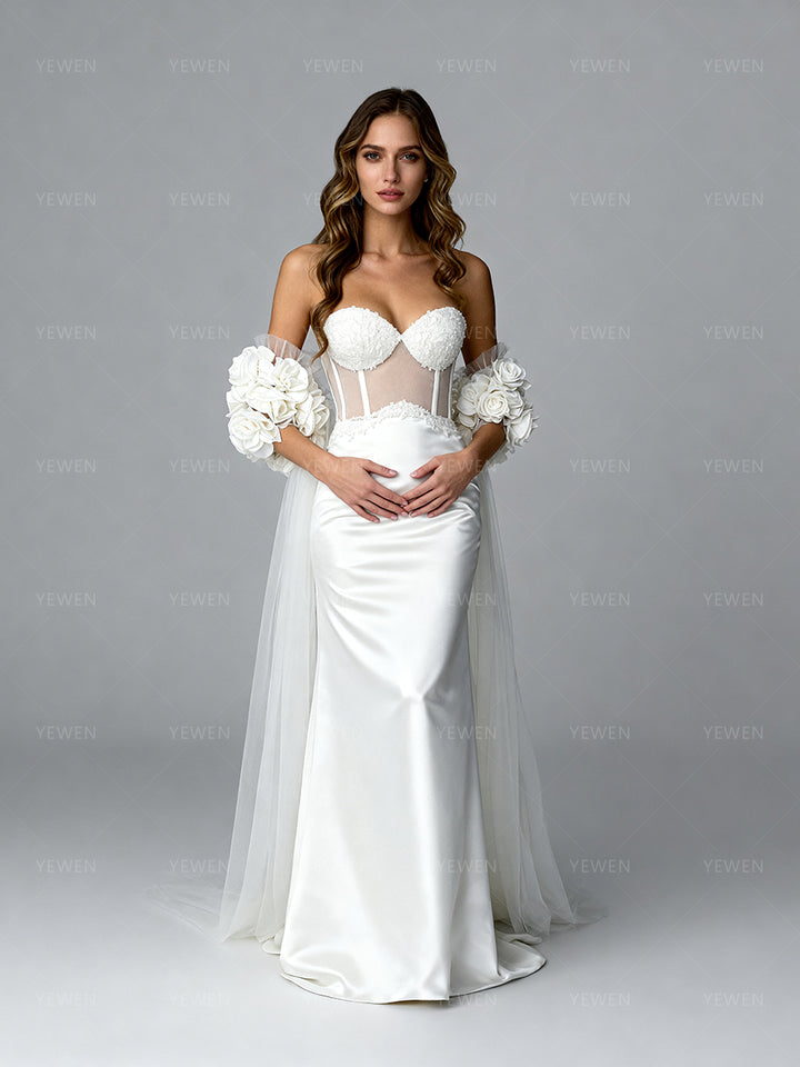 Bridal Tulle Cape with Handmade Flowers Detachable Wedding Cape Train with sleeves Romantic Lightweight Bridal Accessory
