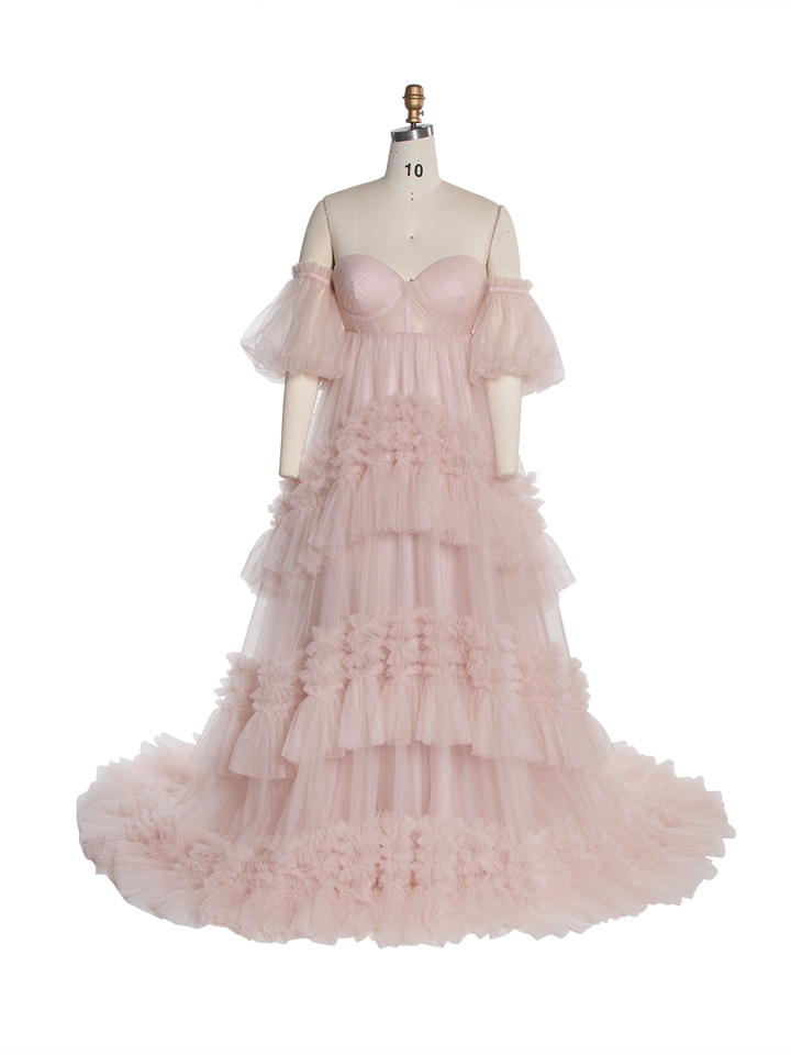 High Waist Tulle Gown for Photoshoot Tiered Ruffles Tulle Dress for Event YW251037-1
