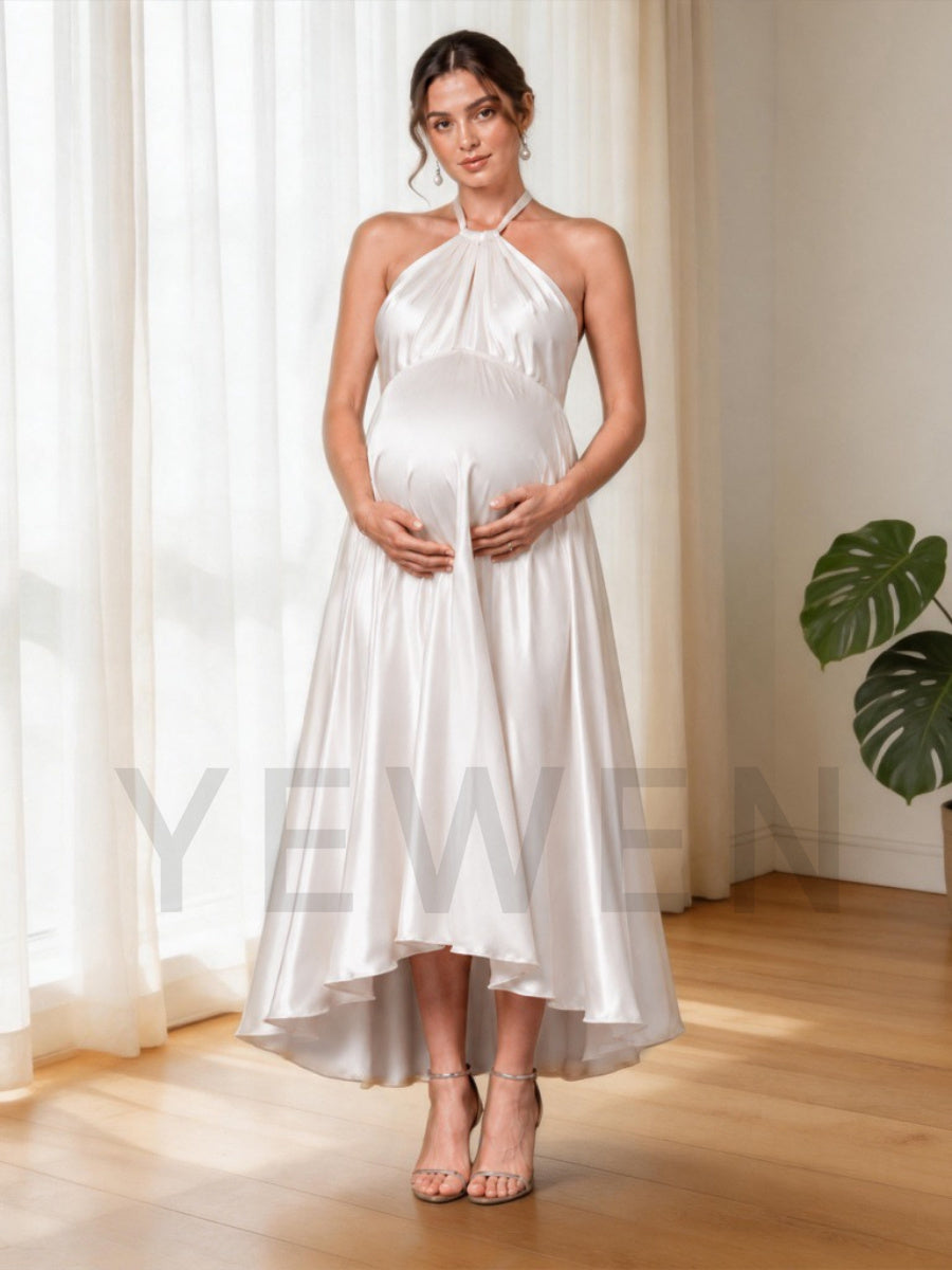 Ivory Halter High-Low Satin Maternity Baby Shower Dress L-26923