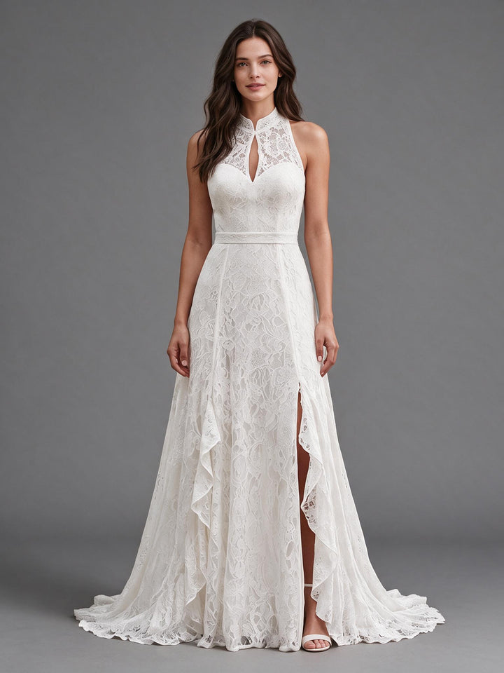 Ivory Halter Neck Keyhole Cutout Lace Boho Wedding Dress