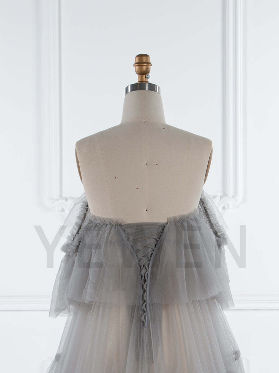 Sheer Tulle Maternity Dress with Ruffles for Photo Shoots Layered Tulle Maternity Robe Photography Dresses YW250004