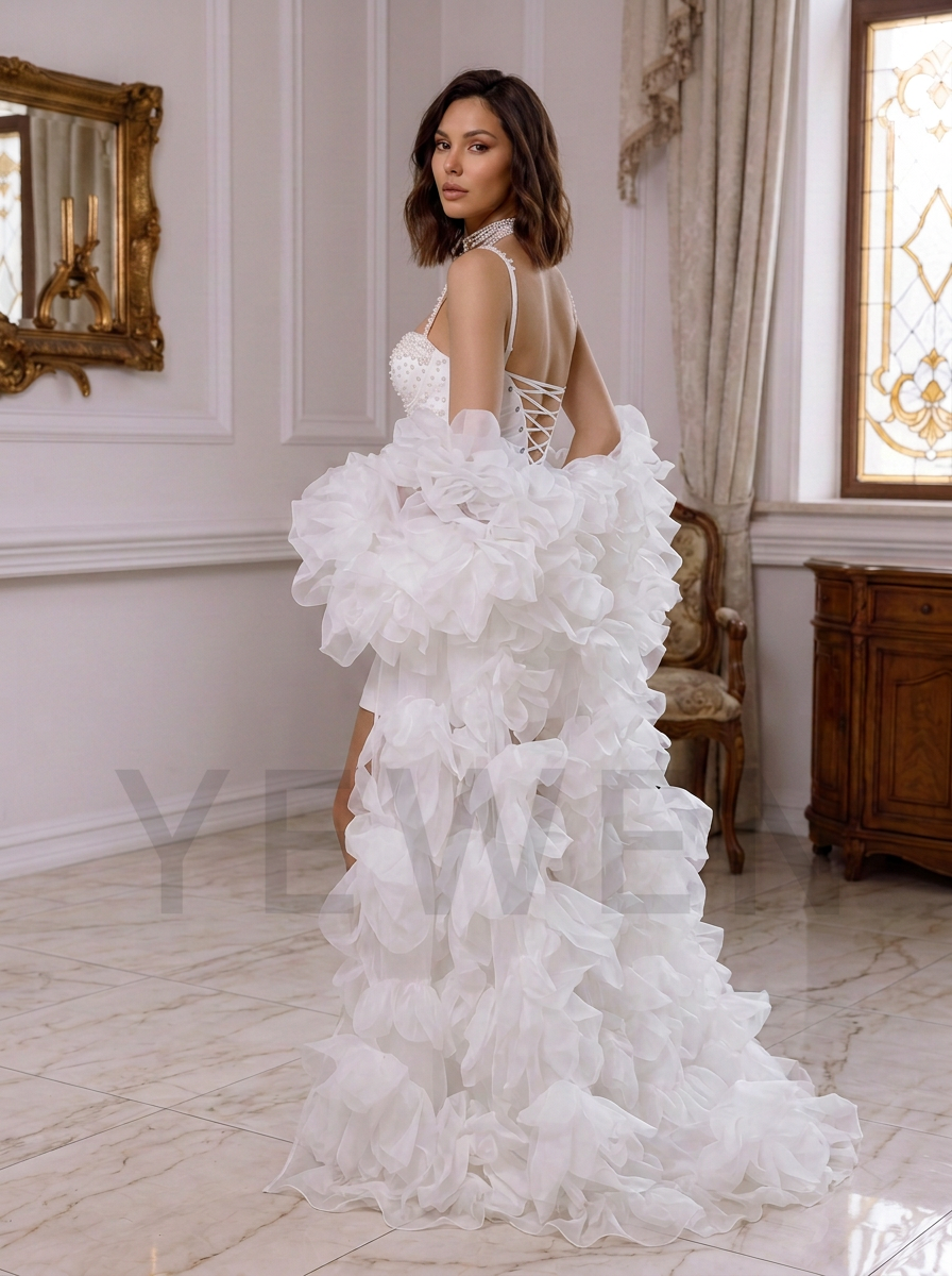 Luxury Pearl-Embellished Mini Wedding Dress with Detachable Voluminous Ruffled Organza Cape YD260813