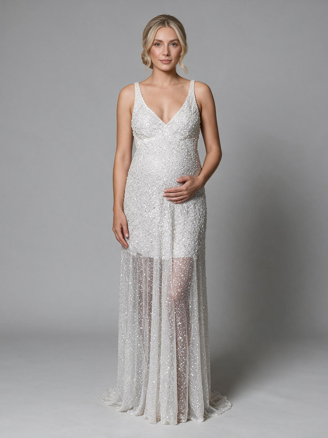 Sequin Sheer Mesh V-Neck Maternity Dress for Baby Shower YA261006