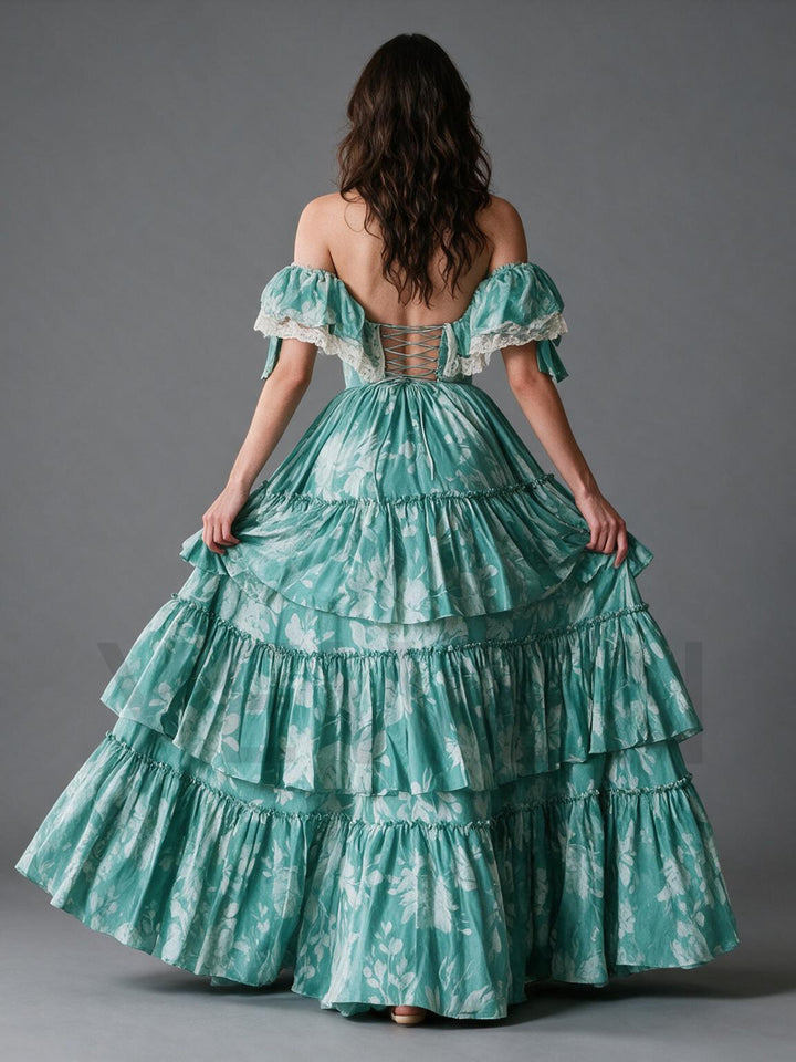 Mint Green Floral Tiered Ruffle Off-Shoulder Princess Dress YW2610148