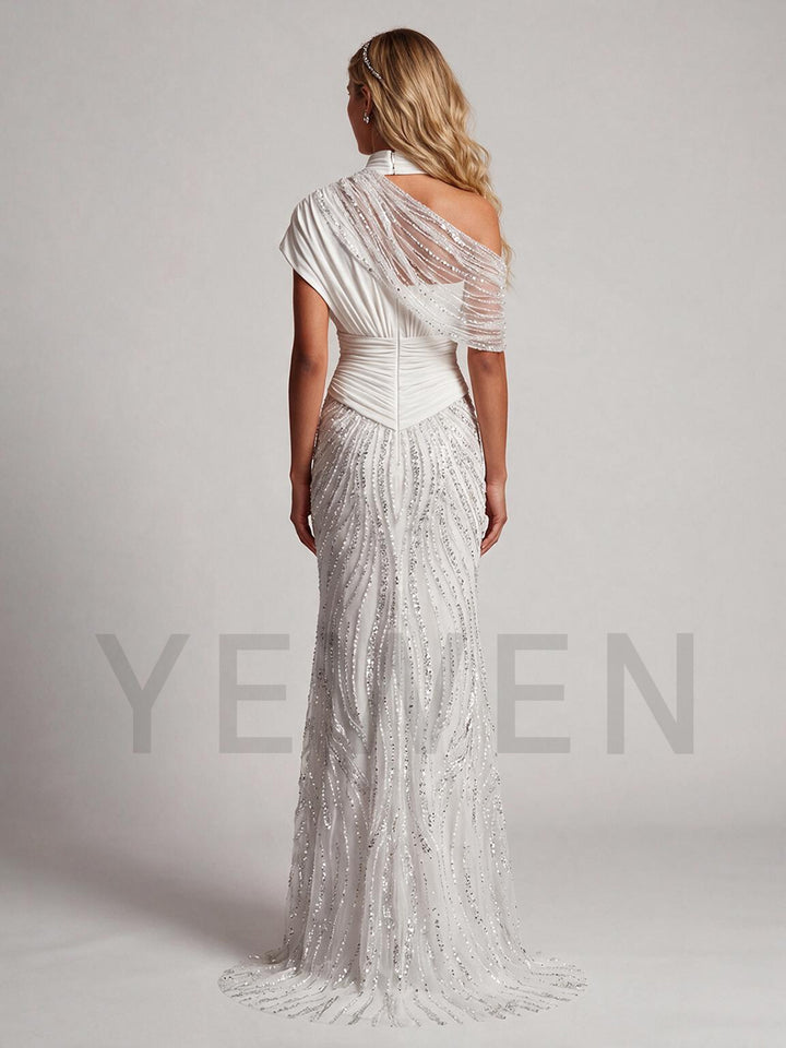 Ivory One-Shoulder Sequin Mermaid Wedding Dress with Beaded Skirt