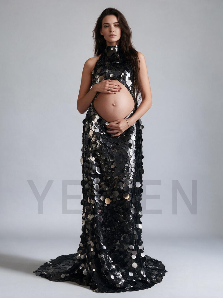 Halter Cutout Belly Sequin Maternity Baby Shower Dress YW2609233