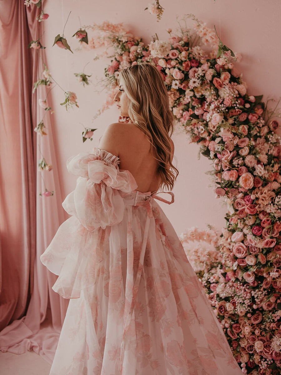 Printed Floral Organza Dresses Photoshoot Gown Side Leg Slit  YW221105-2