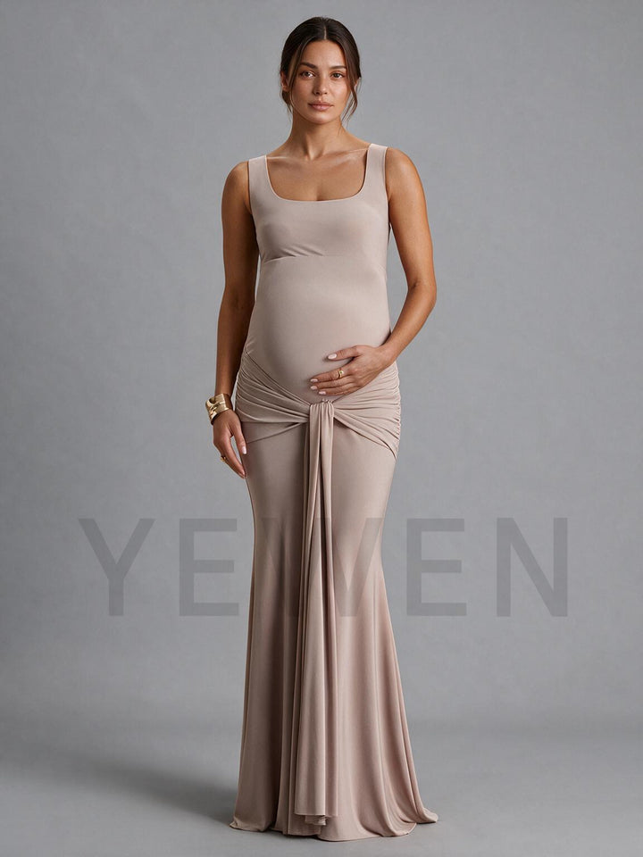 Square Neck Sleeveless Twist Waist Maternity Dress for Baby Shower