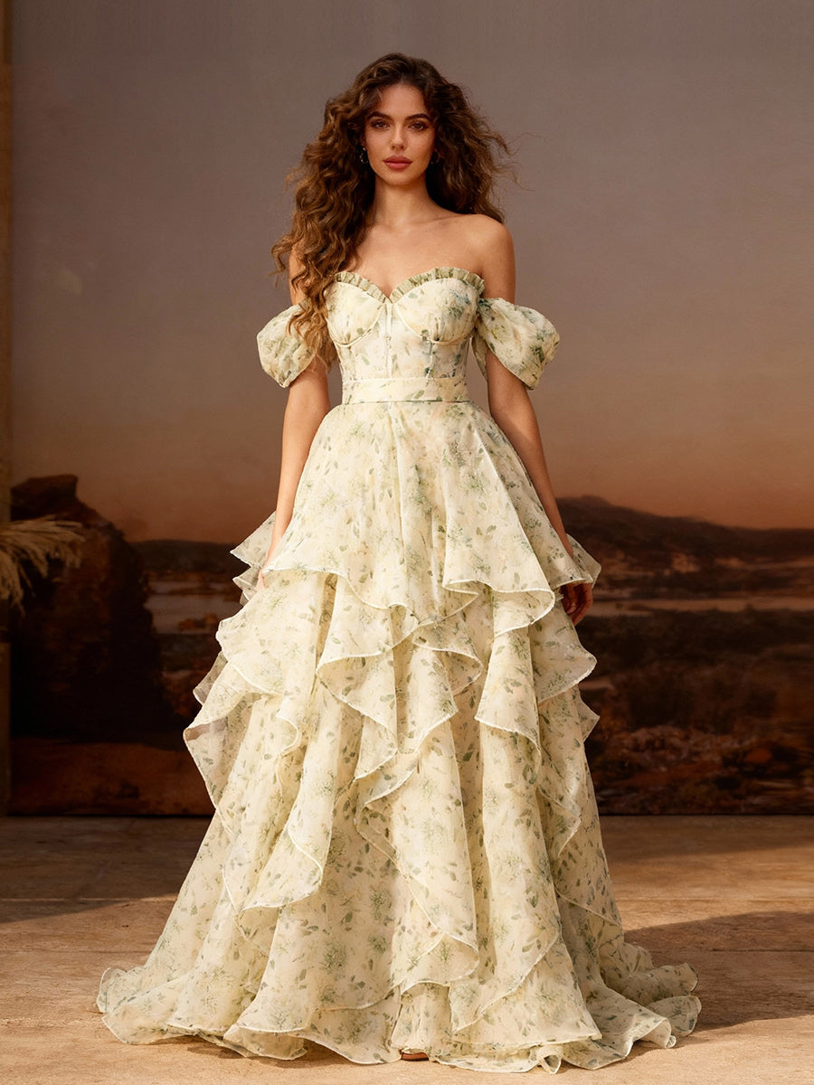 30cm Train Short Sleeevs Printing Floral Colored Wedding Dresses Photo Shoots Dress YW231125-1