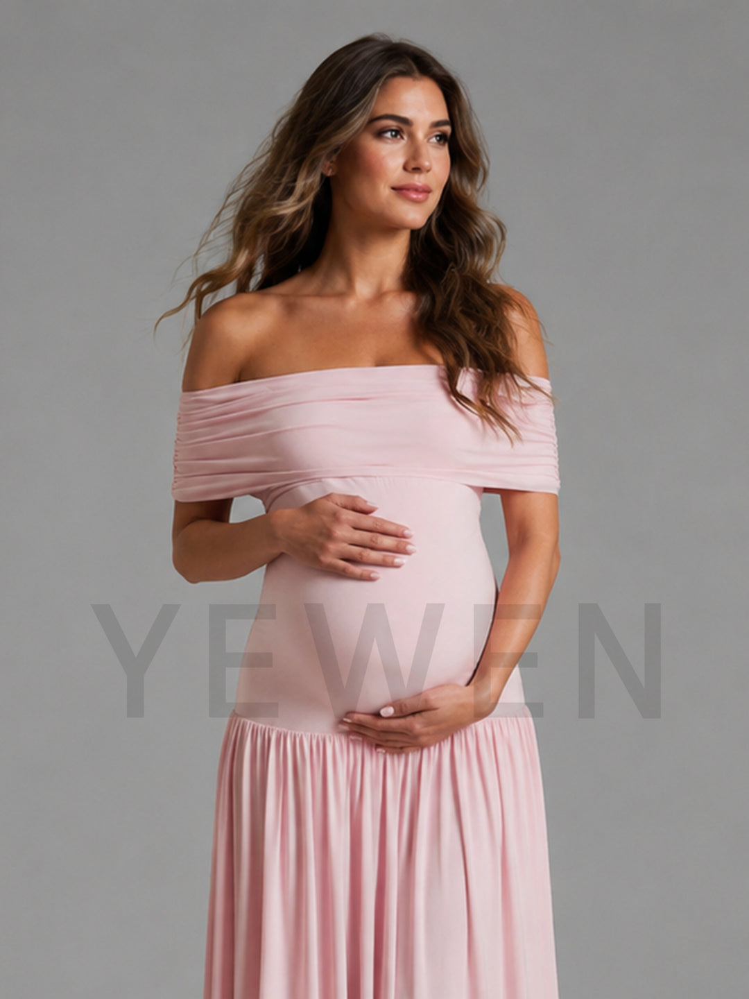 Pink Off Shoulder Maternity Dress for Baby Shower & Photoshoot