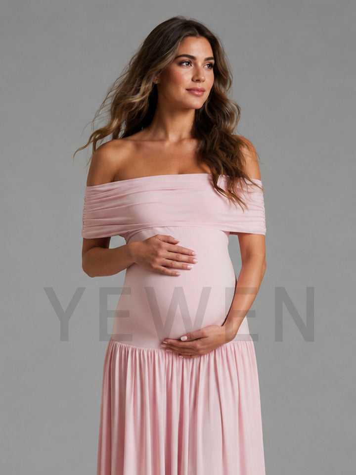 Pink Off Shoulder Maternity Dress for Baby Shower & Photoshoot