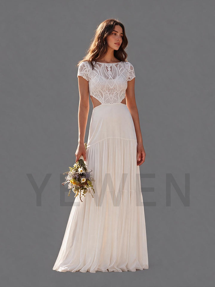 Ivory Illusion Short Sleeve Cutout Waist Lace Boho Wedding Dress