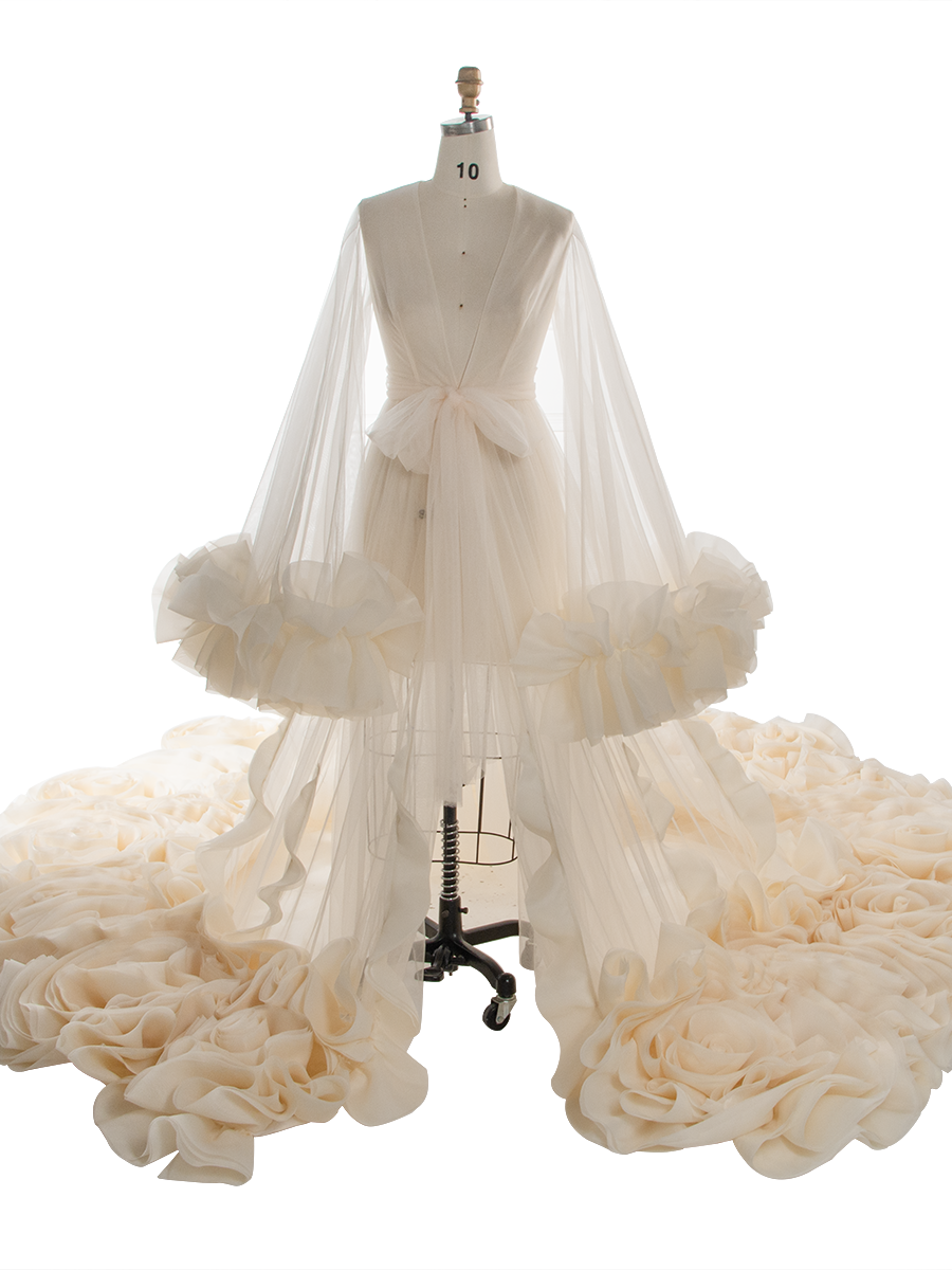 Organza Ruffles Wedding Dresses Long Train Photo Shoot Props Bridal Shower Robe YW250027-1