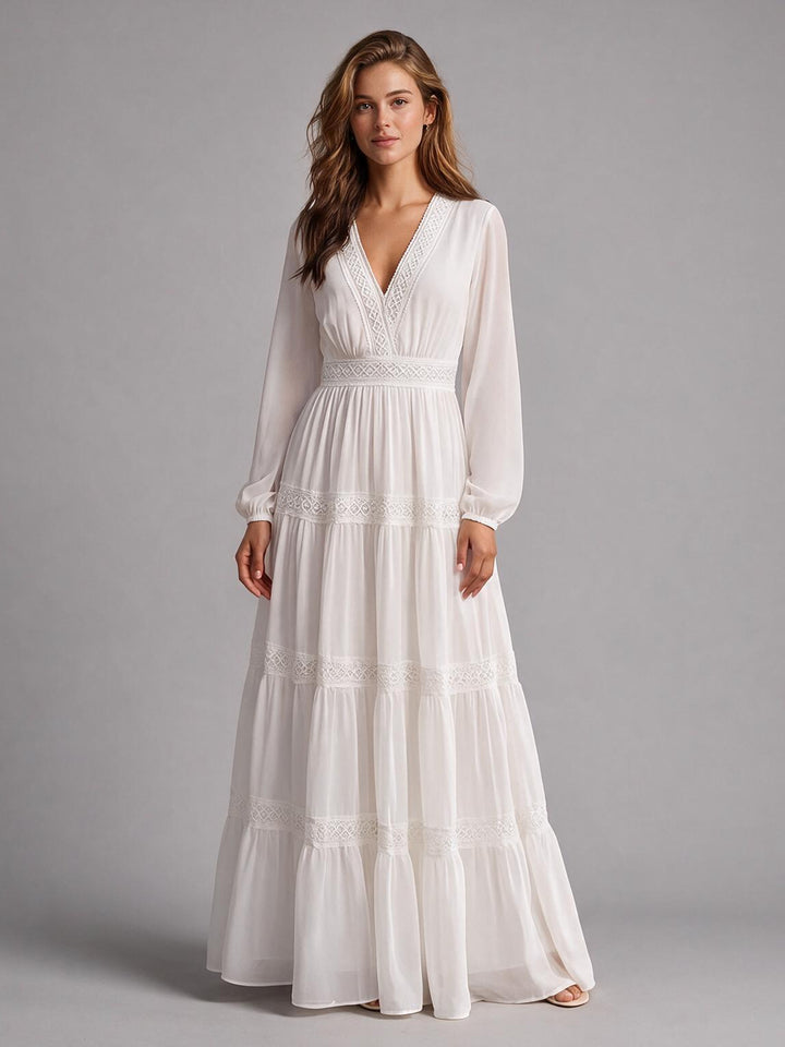 Ivory V-Neck Long Sleeve High Waist Boho Wedding Dress with Lace Trim