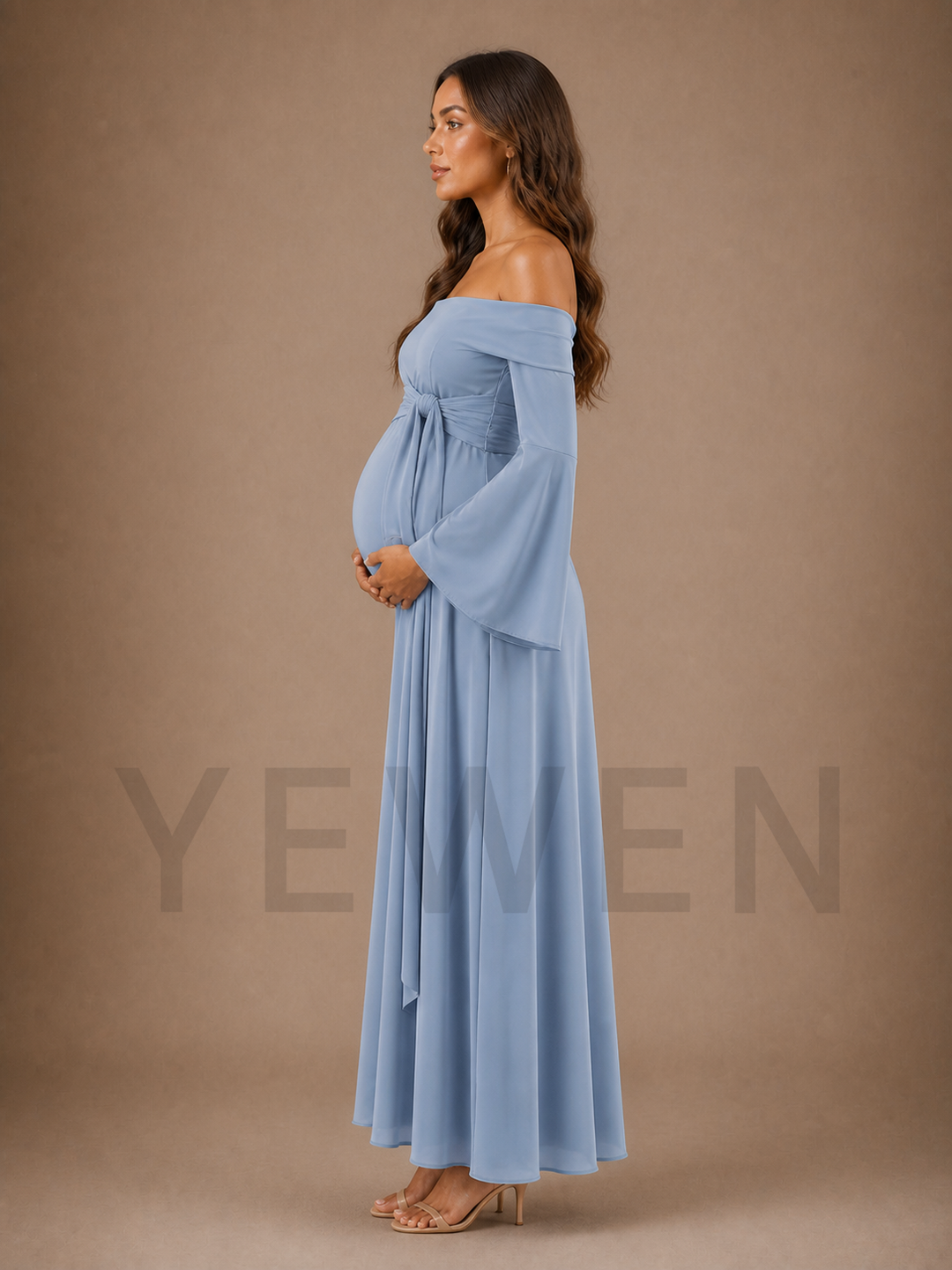 Dusty Blue Off Shoulder Maternity Baby Shower Dress with Flare Sleeves ZX018