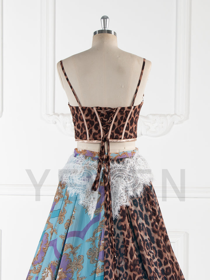 Exotic Leopard & Baroque Print Two-Piece Gown with Lace Detail and Flowing Train Photoshoot Outfit YW250066-1