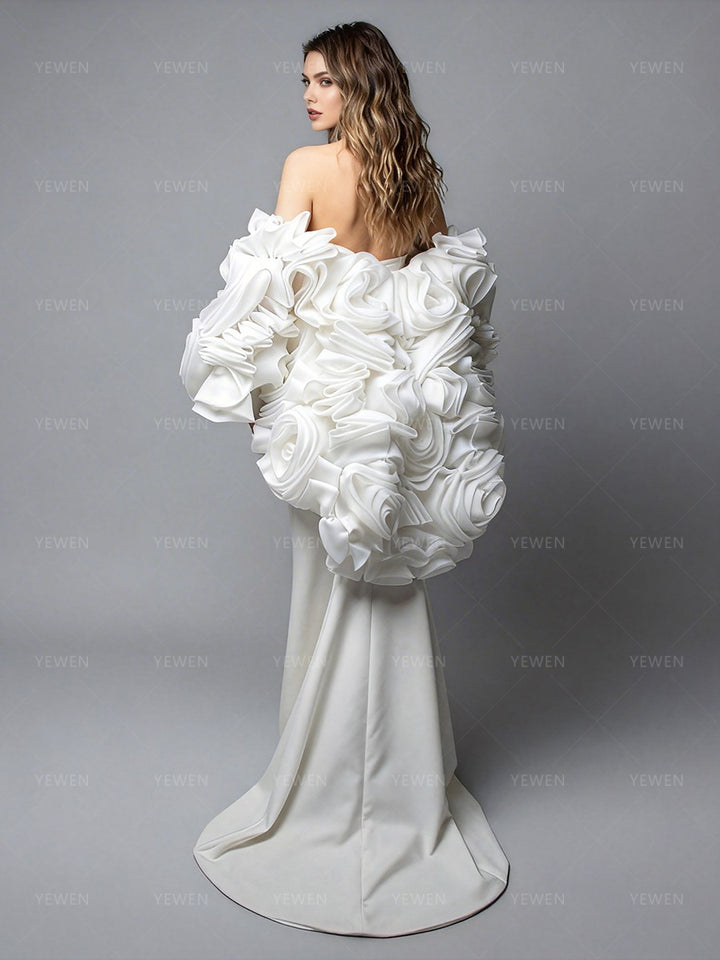 Elegant Bridesmaid Formal Party Dresses White Strapless Corset Satin Evening Gown with 3D Floral Cape for Wedding