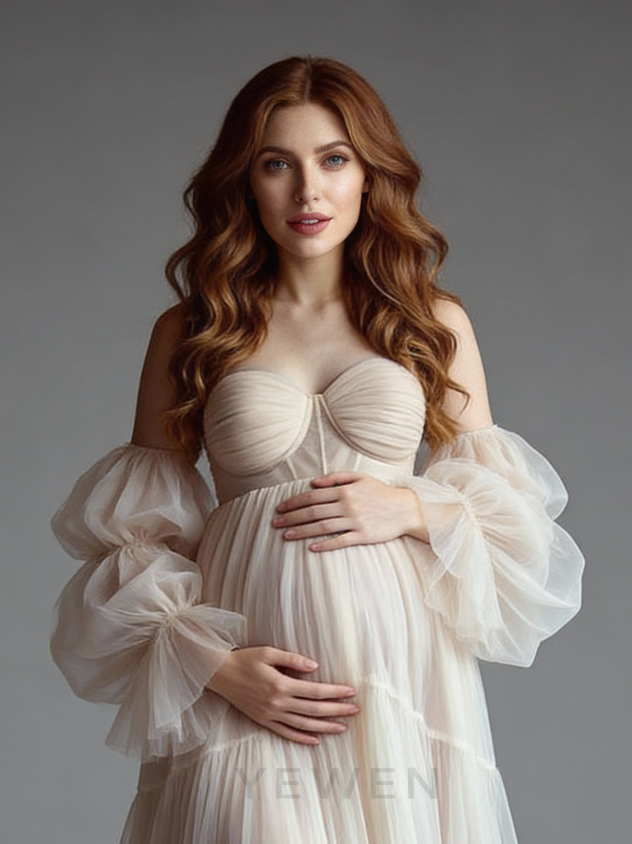 Tulle Maternity Dress for Photoshoot Strapless Long Ruffles Pregnancy Gown for Baby Shower