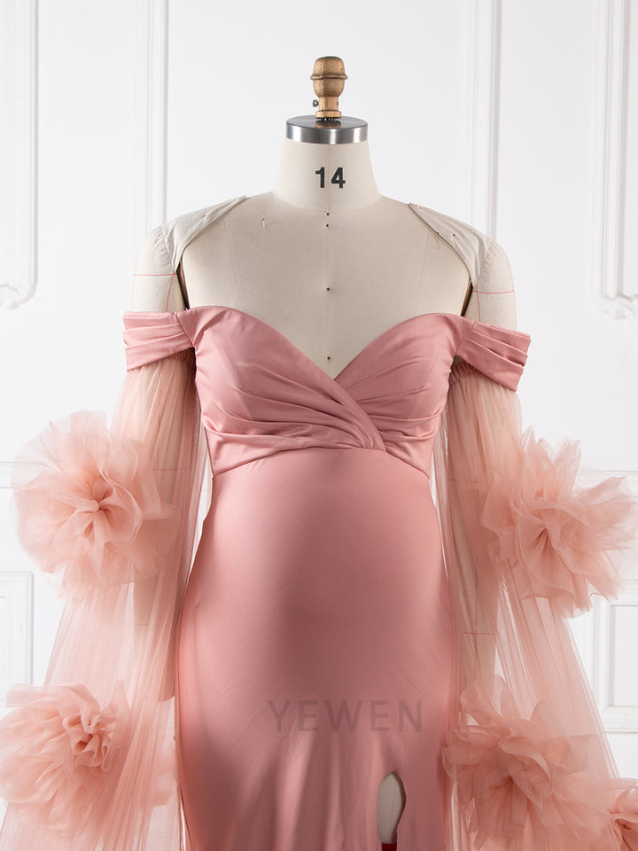 Dusty Pink Maternity Photoshoot Dress Tulle Rose Cape Mermaid Maternity Baby Shower Gown YW250074