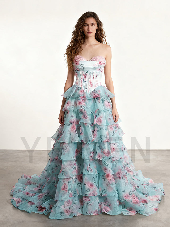 Gorgeous A Line Off The Shoulder Printed Long Prom Dress With Ruffles United Kingdom YW240048
