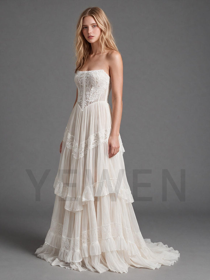 Ivory Strapless Sweetheart Lace Boho Wedding Dress with Tiered Ruffle Skirt