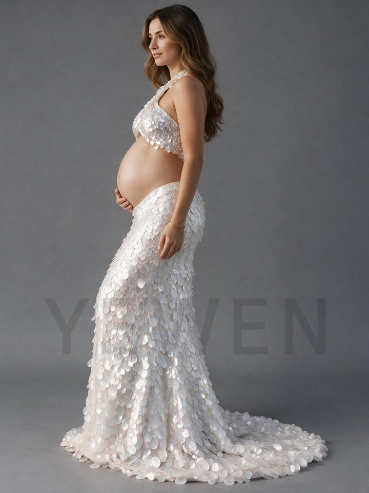 Two-Piece Sequin Criss-Cross Maternity Gown for Photoshoot YW26100610