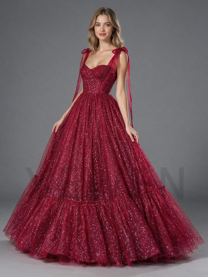Burgundy Bow Strap Sequin Layered Ruffle Christmas Dress YW2610087