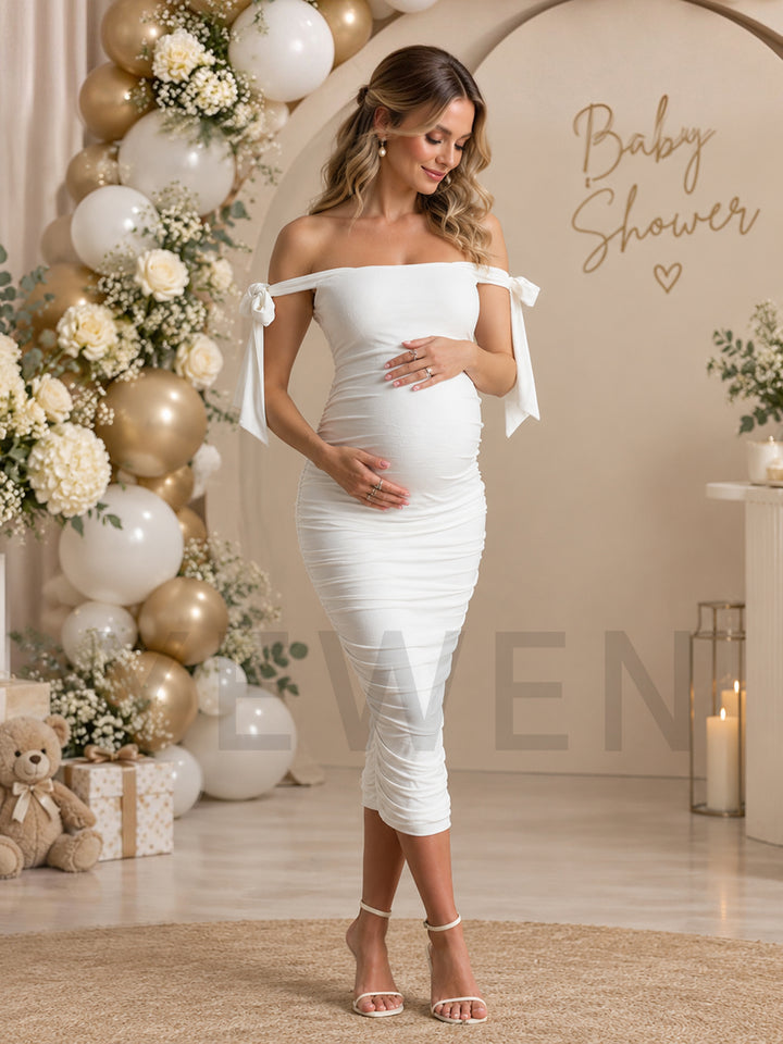Off-Shoulder Tie Strap Ruched Maternity Dress for Baby Shower YM261001