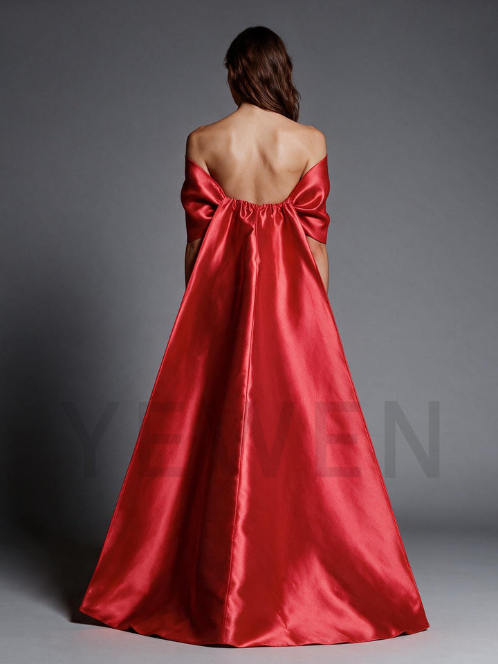 Red Off-Shoulder Satin Christmas Dress with Big Bow YW2609281