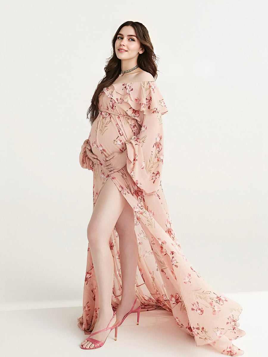 Printed Chiffon Maternity Dress for Photoshoot Pregnancy Shooting Dress 12 / Picture Color