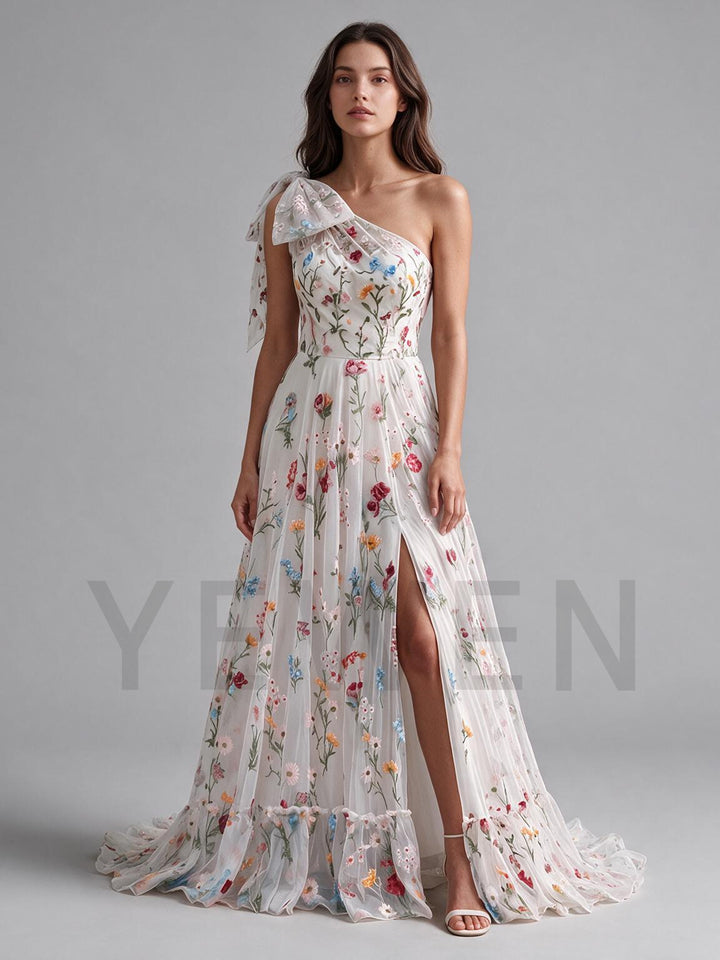 Ivory One-Shoulder Bow Floral Boho Wedding Dress