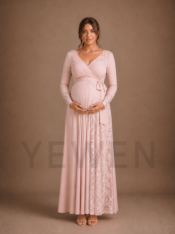 Blush Pink Wrap Maternity Baby Shower Dress V-Neck Gown with Lace Panels ZX022