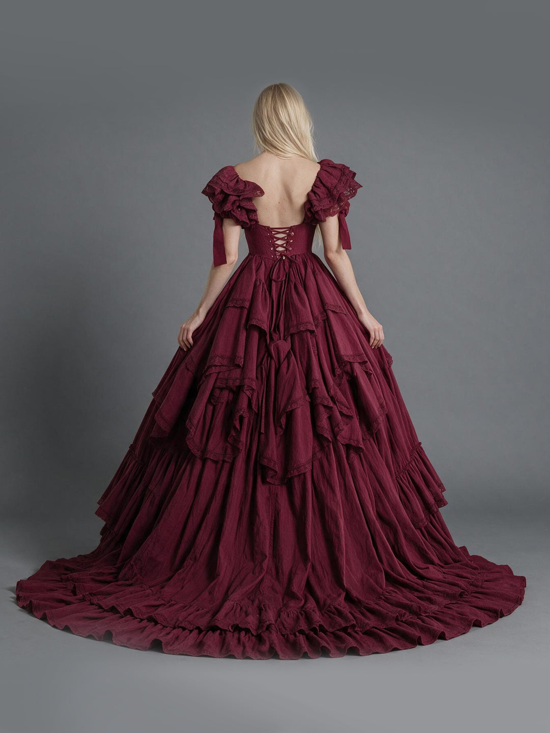 80cm Train Burgundy Off-Shoulder Ruffled Corset Tiered Princess Gown YW2610096