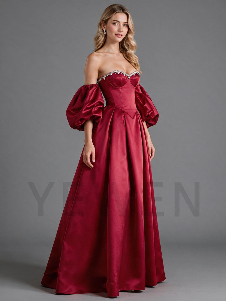 Burgundy Strapless Puff Sleeve Rhinestone Christmas Dress YW2609224