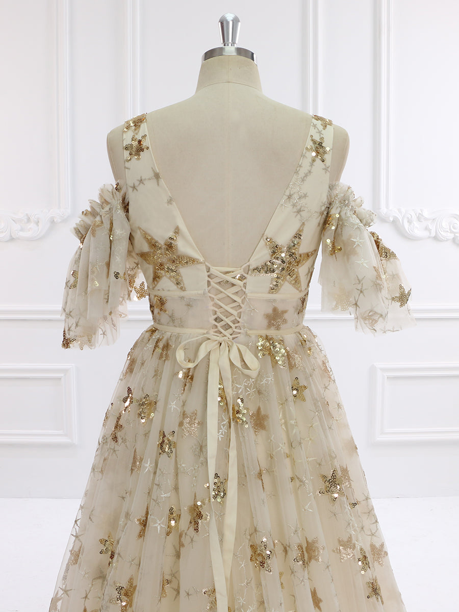 V-Neck Sequin Star Champagne Color Wedding Dress Elegant Ladies Beach Ball Dress 60cm Train YW240073 yewendress V-Neck Sequin Star Champagne Color Wedding Dress Elegant Ladies Beach Ball Dress 60cm Train YW240073 yewendress