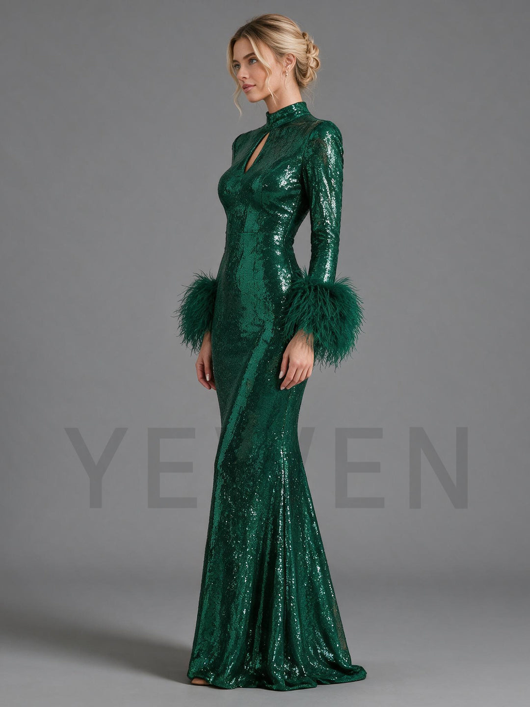 Keyhole Ostrich Feather Cuff Sequin Christmas Dress YW2609225