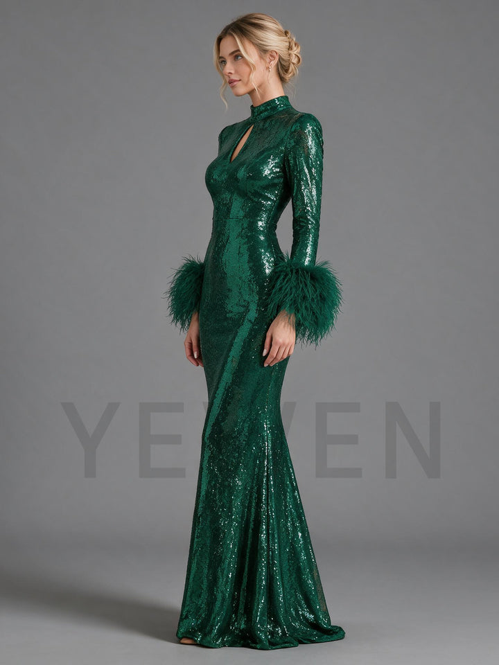 Keyhole Ostrich Feather Cuff Sequin Christmas Dress YW2609225