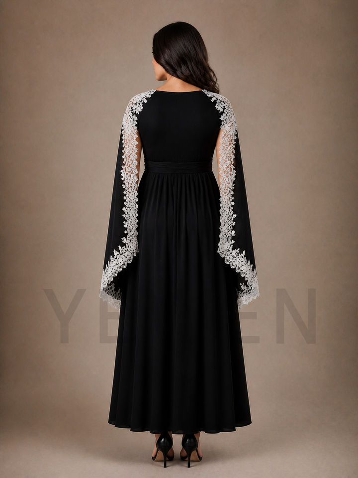 Black Maternity Baby Shower Dress V-Neck Gown with White Lace Cape Sleeves ZX015