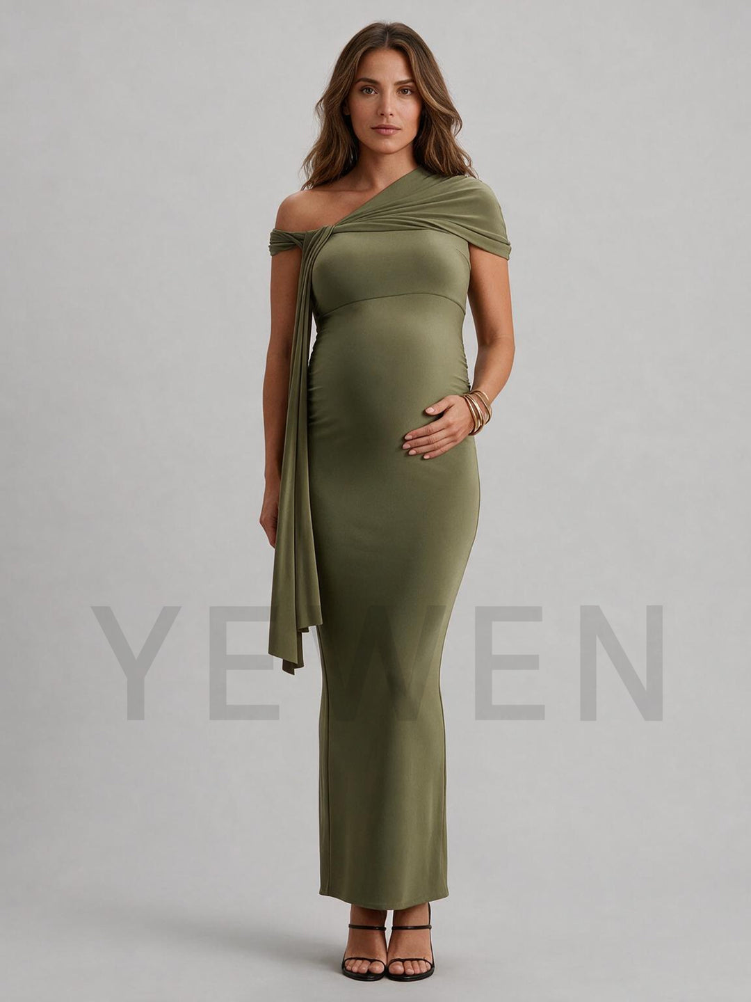 Asymmetrical One-Shoulder Twist Ruched Maternity Dress for Baby Shower
