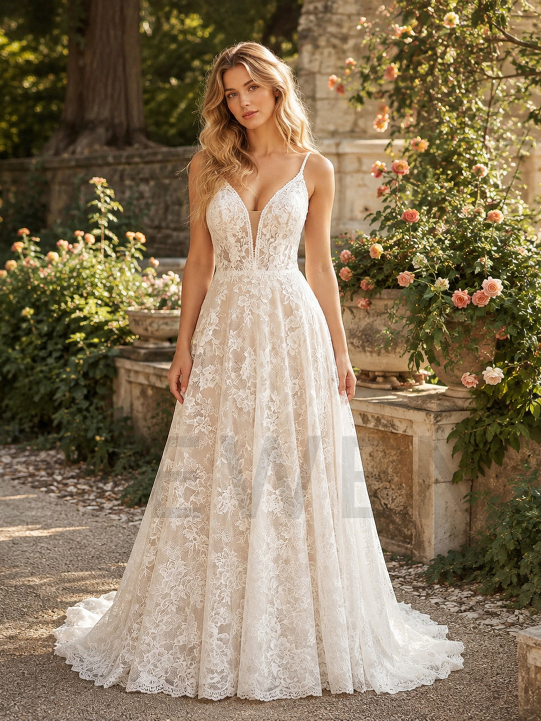 Ivory Spaghetti Strap Deep V-Neck Sheer Floral Lace Wedding Dress