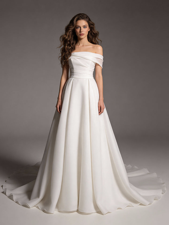 Simple Organza Strapless Wedding Dress A line Bridal Gown
