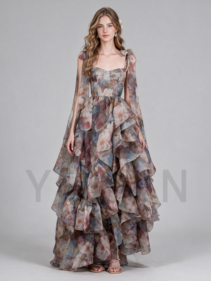 Watercolor Floral Tiered Ruffle Shoulder Tie Princess Dress  YW2610158