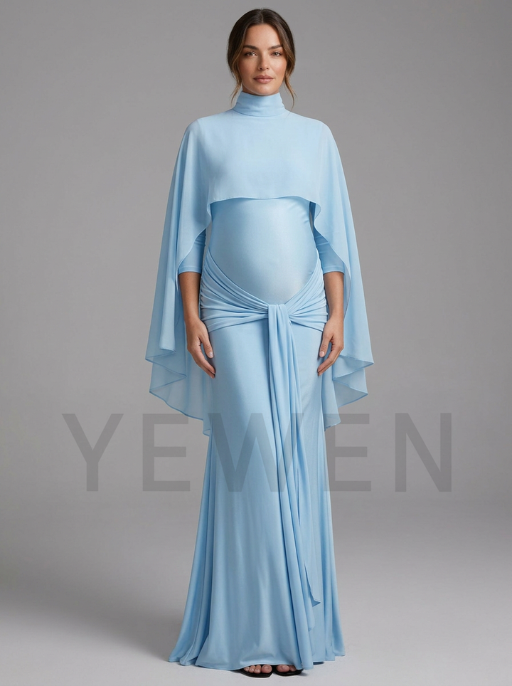 Mock Neck Cape Overlay Twist Knot Maternity Baby Shower Dress YD260923
