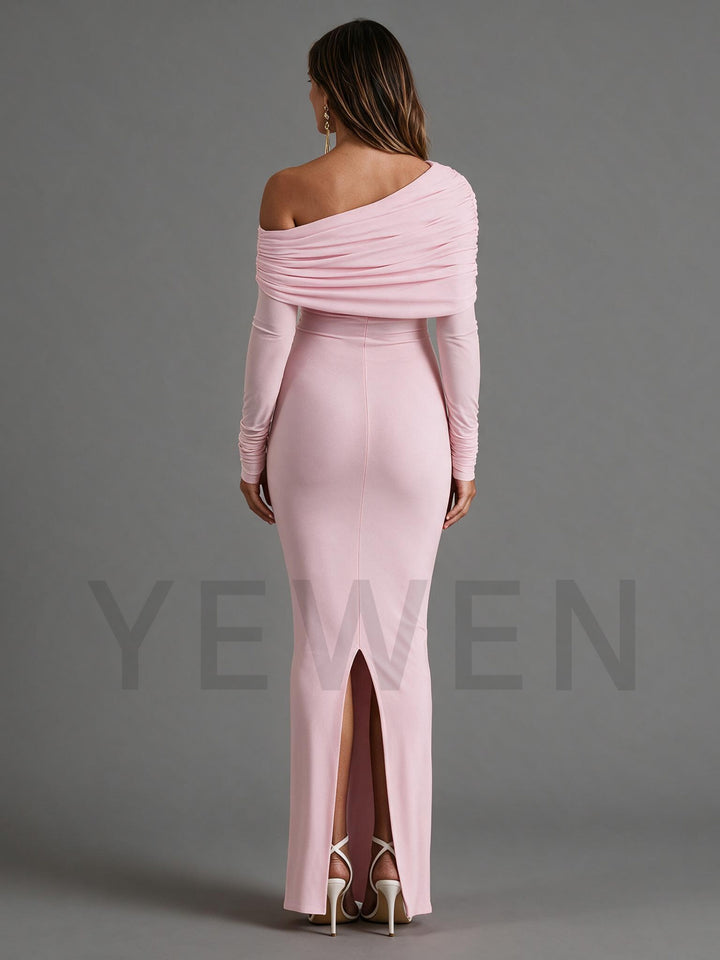 Baby Pink Ruched Long Sleeve Bodycon Maternity Maxi Dress for Baby Shower