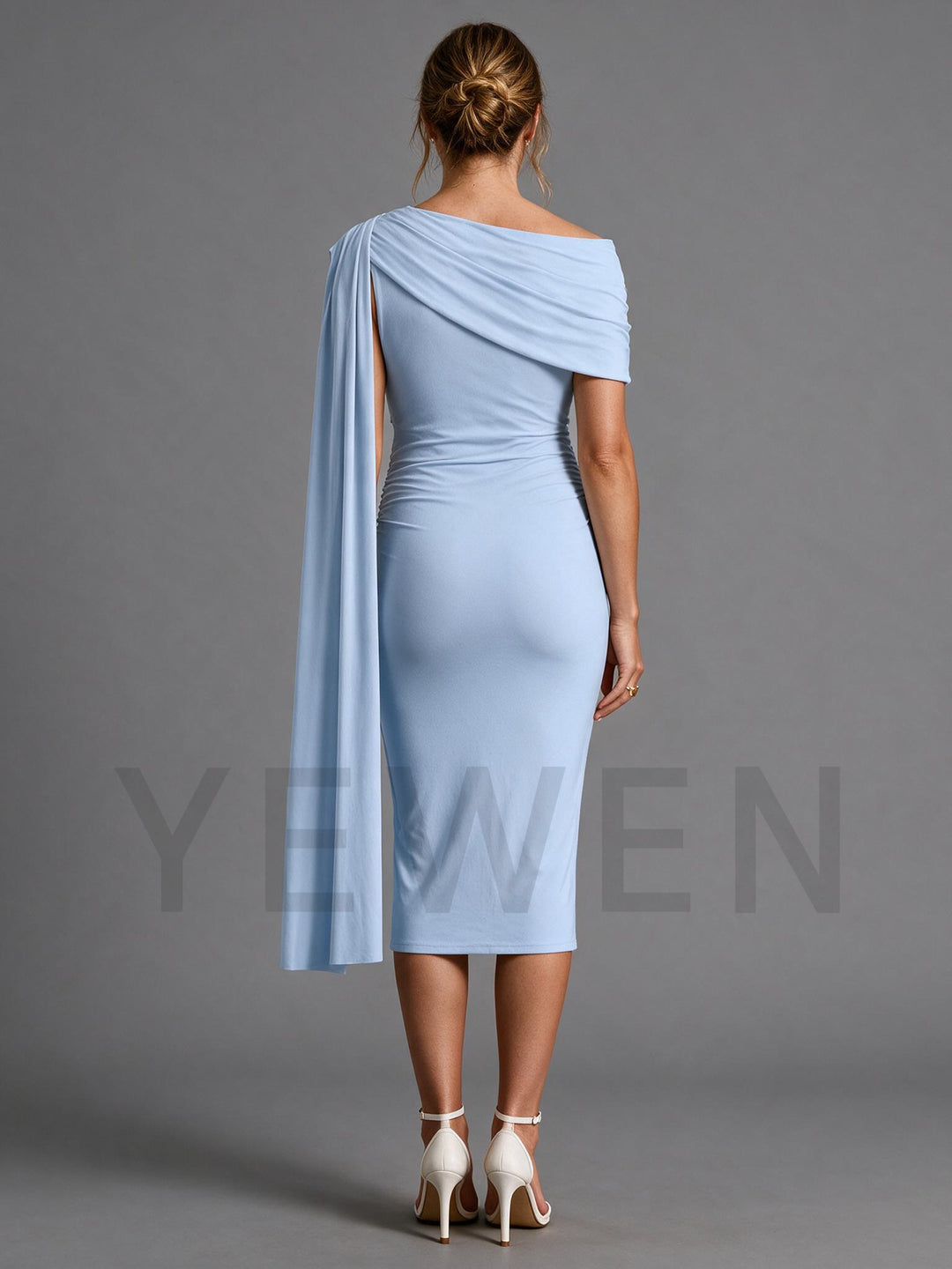 Powder Blue Ruched Maternity Gown with One Shoulder Long Drape