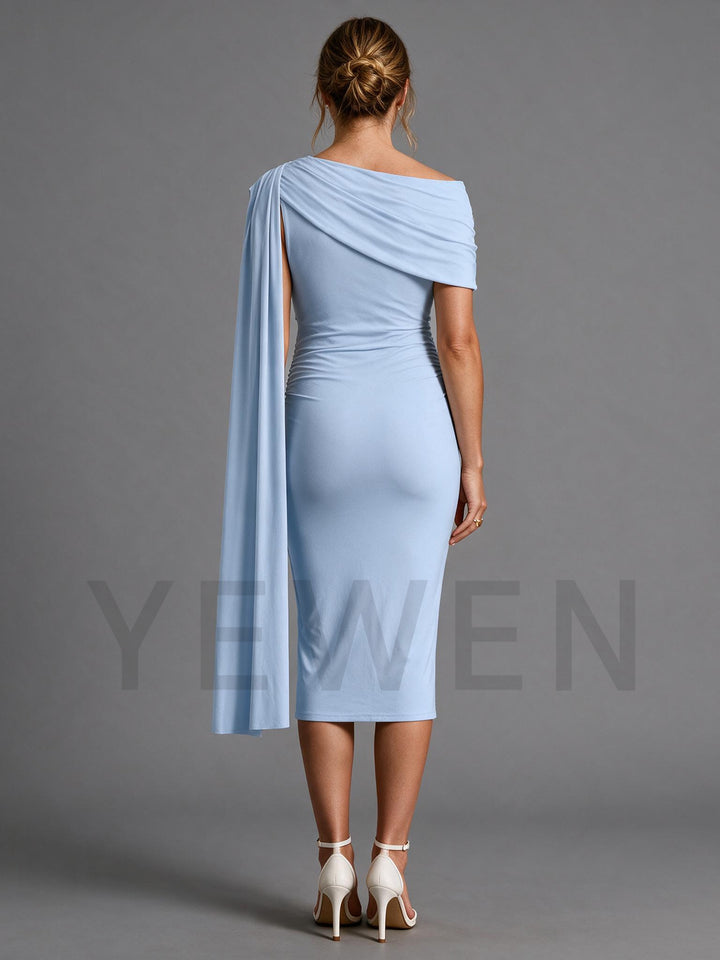 Powder Blue Ruched Maternity Gown with One Shoulder Long Drape