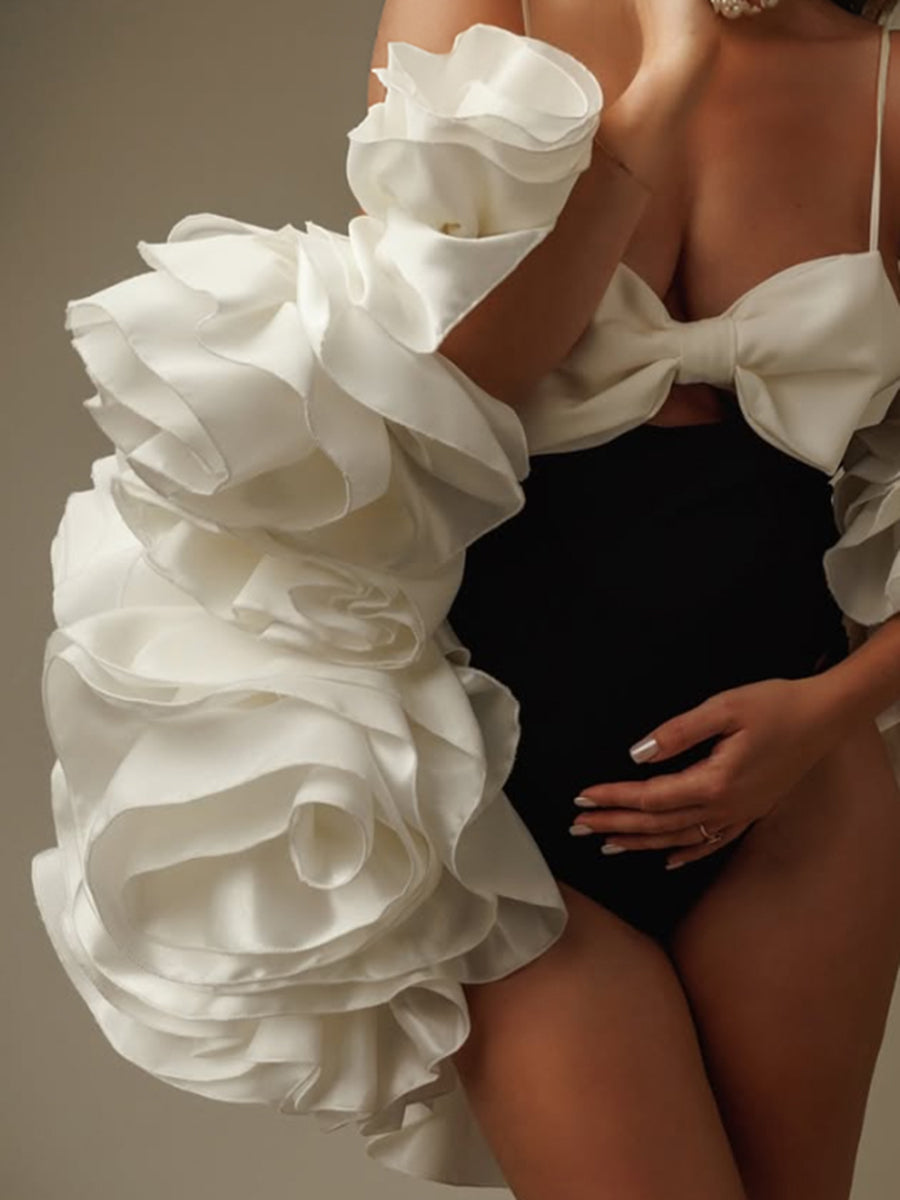 White Handmade Flower Bicep Jacket Women Cloak with Slip Bodysuit Photoshoot Props