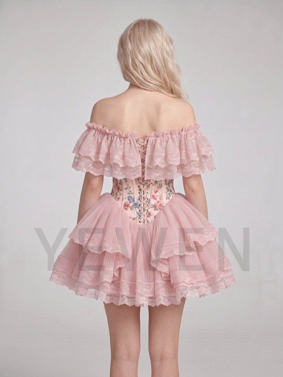 Pink Floral Off-Shoulder Layered Ruffle Mini Princess Dress WT268012