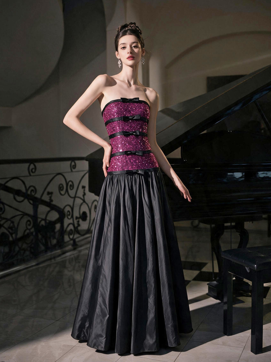 Strapless Sequin Bodice Evening Gown with Black Pleated Skirt YS001